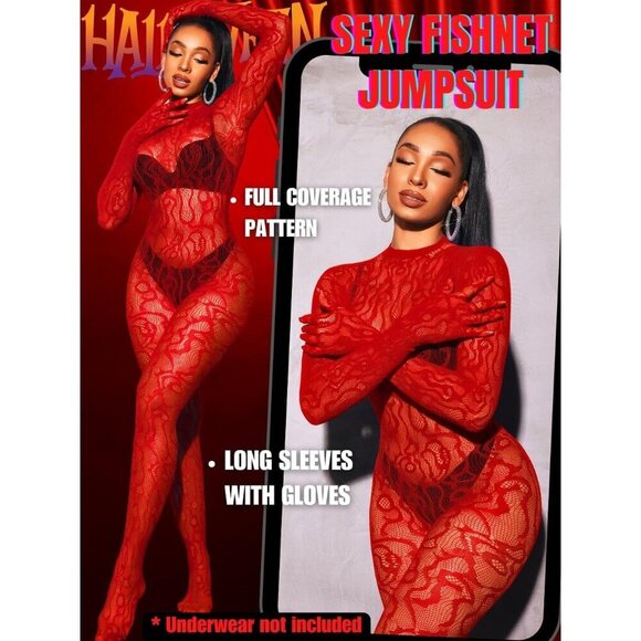 🆕Women Red Sexy Fishnet Full Mesh Jumpsuit Body Stockings Halloween Costume - Picture 2 of 6